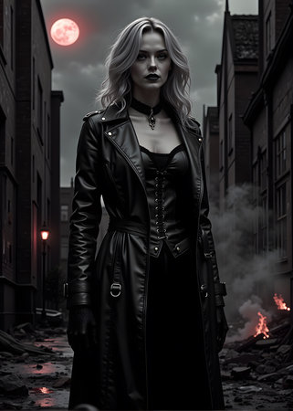 gothic woman in a black leather coat.の素材