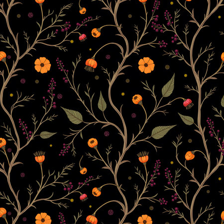 Seamless pattern with flowers and leaves on black background illustration.の素材