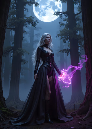 Beautiful gothic woman in a dark forest with full moonの素材