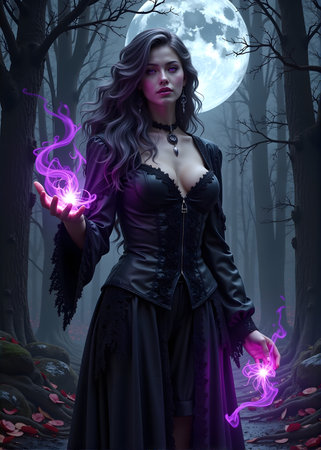 Beautiful witch in a dark forest at nightの素材