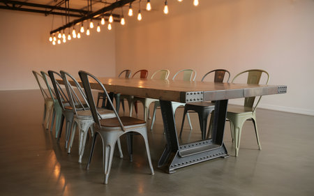 Interior of a conference room with chairs and tables in a rowの素材