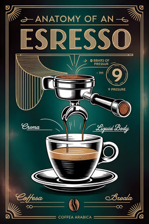 Coffee poster design with a cup of coffee and a coffee machineの素材