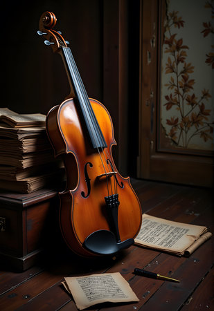 violin and book on wooden table in dark room. vintage stylesの素材