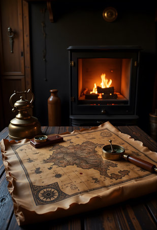 Vintage map, compass and book on a wooden table near the fireplaceの素材