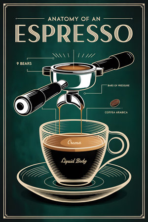 Coffee poster with a cup of espresso illustration.の素材