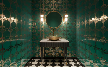 Luxury bathroom interior with golden mirror and tile floorの素材