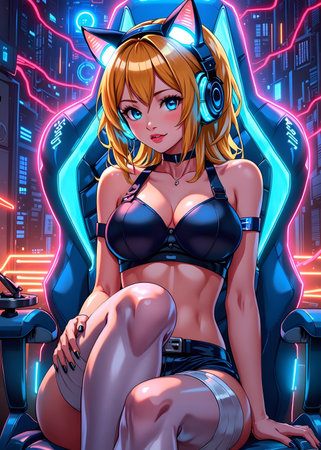 Anime girl headphones sits in futuristic chair with neon lights and short shorts in a gaming roomの素材