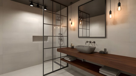 Modern bathroom with white walls and concrete floor.の素材