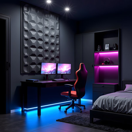 Interior of modern bedroom with black and blue lighting,の素材