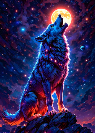 Illustration of a wolf howling at the moon in the night skyの素材