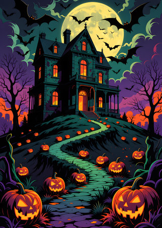 Halloween background with haunted house, pumpkins and bats. Vector illustration.の素材