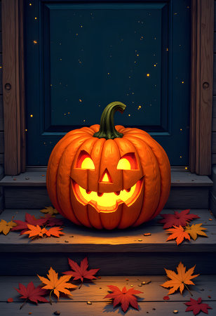 Halloween pumpkin on the porch of the house, 3d illustrationの素材