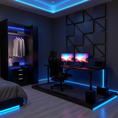 Interior of a bedroom with a black and blue walls, a wooden floor and a computer on the wall.の素材