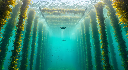 Underwater view of seabed with seaweed and scuba diversの素材