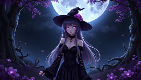 3d illustration of a beautiful witch in the forest with full moonの素材