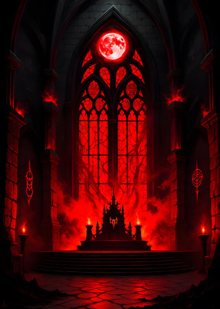 Castle throne window showcases red light and dark stone in a gothic room with candle flamesの素材