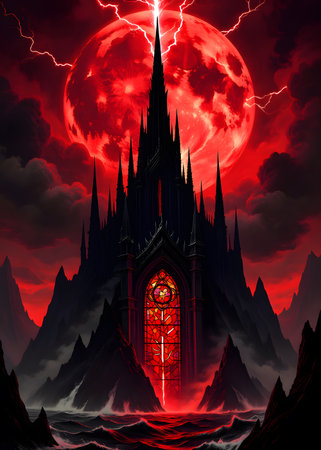 Gothic castle lightning strikes with red moon and stormy skies near dark mountains and rough ocean wavesの素材