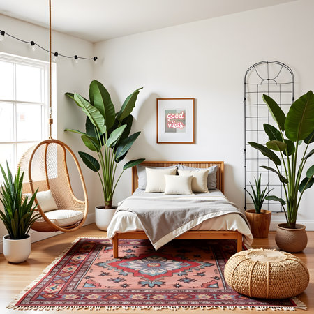 Luxury bedroom interior with a wooden bed, rattan chair, potted plants and a poster. 3d renderの素材