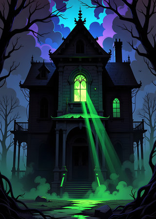 Haunted house glows brightly, emitting spooky light and eerie mist near bare trees under a cloudy skyの素材
