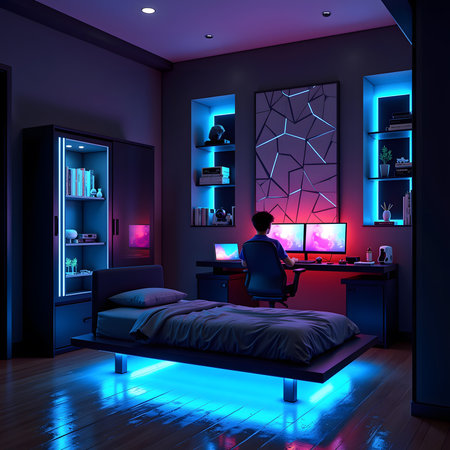 Man in a dark room with a bed and a nightstand.の素材