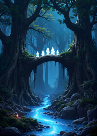 Fantasy landscape with magic forest, river and bridge.の素材