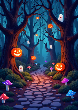 Halloween background with pumpkins, ghosts, mushrooms and trees illustrationの素材