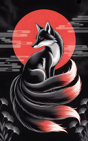 Illustration of a fox on a black background with a red moonの素材