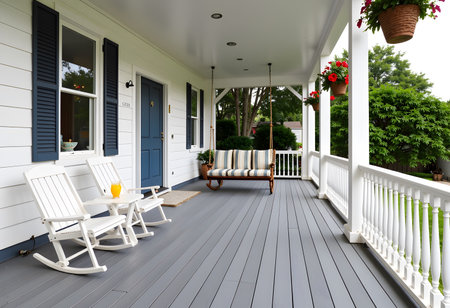 Porch swing rocking chairs offer calm seating and shade on a painted gray floor and white porch near hanging plantsの素材