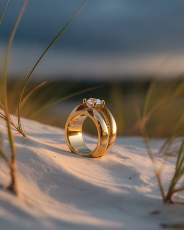 Wedding rings on the sand in the evening on the beachの素材