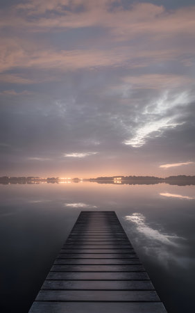 Wooden jetty on the lake at sunrise in the morning.の素材