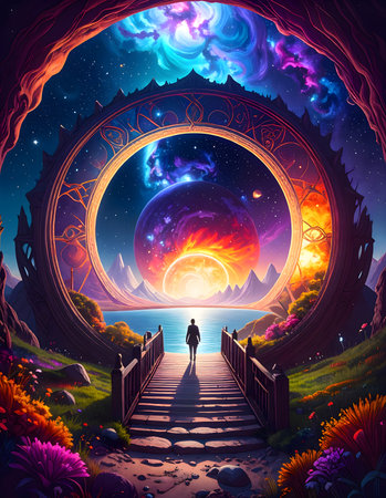 Fantasy landscape with a woman standing on the stairs illustration.の素材