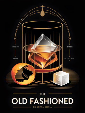 Cocktail menu design. Glass of whiskey and ice cubes on black backgroundの素材