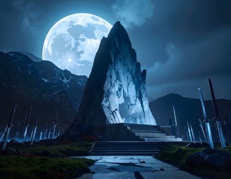 Fantasy landscape with stone stairs and full moon. 3D renderingの素材
