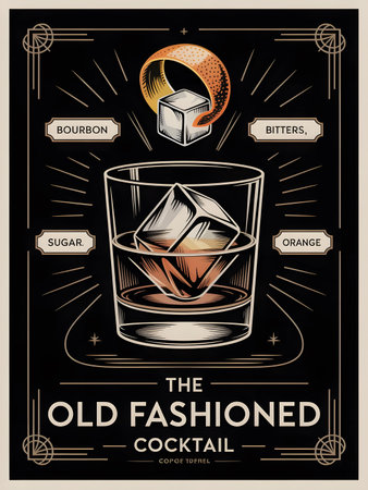 Cocktail glass art features orange peel and ice cube with drink ingredients on a dark background in an illustration.の素材