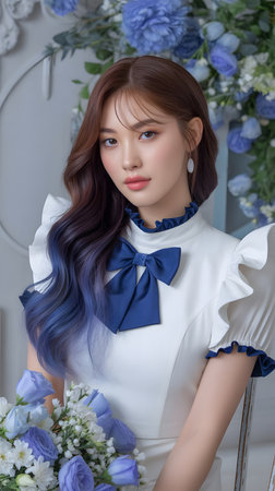 beautiful asian woman in white dress with blue hair and flowersの素材