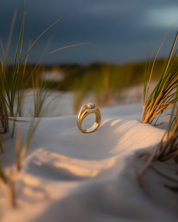 Wedding rings on sand dunes in the evening light.の素材