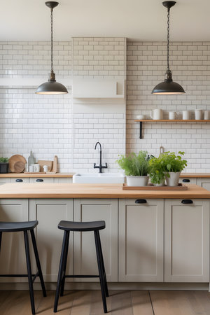 Interior of modern kitchen with white brick wall and white brick wallの素材