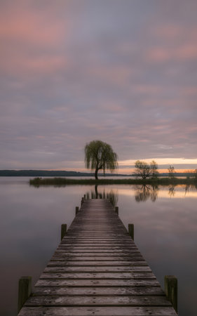 Wooden jetty on a lake at sunset with a tree in the foregroundの素材