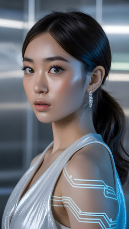 beautiful asian woman in futuristic suit with futuristic technology on her faceの素材