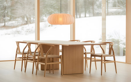 wooden table and chairs in modern dining room with winter landscape backgroundの素材