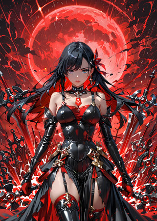 3D Illustration of a Fantasy Female in Black and Red Costumeの素材
