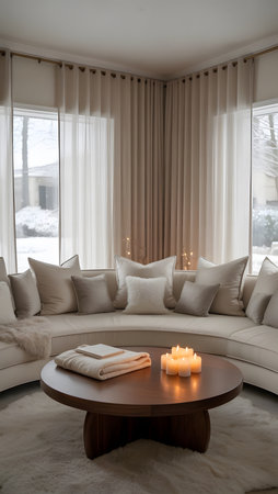 interior of modern living room, white sofa with pillows, candles and towelの素材