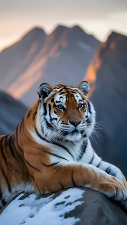 Tiger animal portrait displays orange fur and black stripes while resting on snow covered rock with mountains backgroundの素材