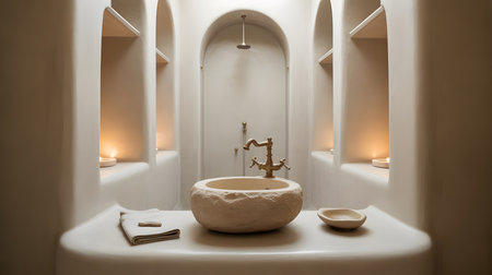 Interior of a modern bathroom with white bathtub and washbasinの素材