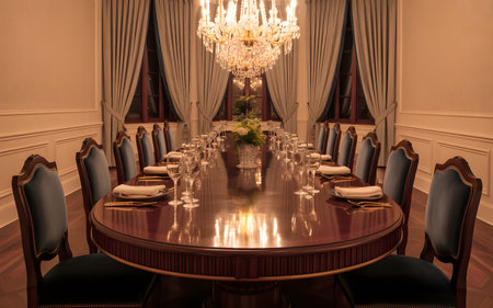 Interior of a conference room with a long table and chairs.の素材