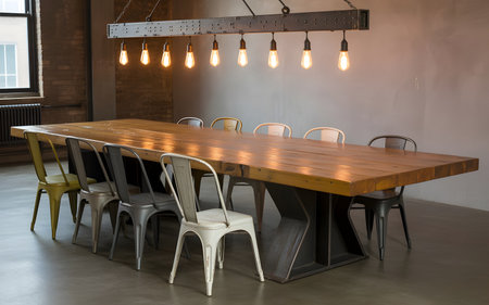 Interior of modern dining room with wooden table, chairs and lampsの素材