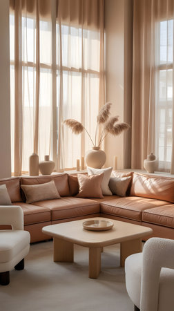 modern living room interior design with brown sofa and coffee tableの素材