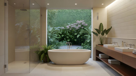 Interior of a modern bathroom with white bathtub and green plantsの素材