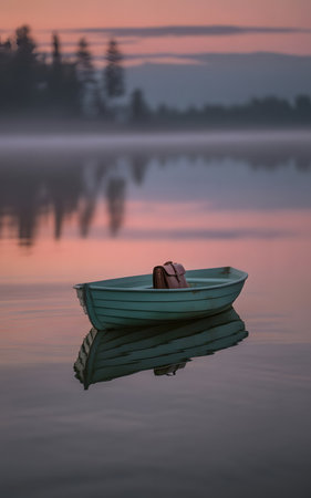 Fishing boat on a lake in the morning mist with reflection in waterの素材