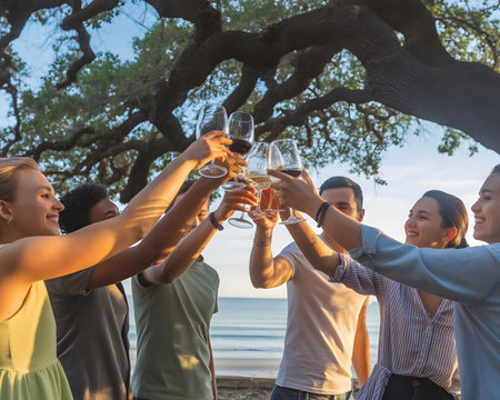 Group of friends toasting with glasses of wine at seaside partyの素材